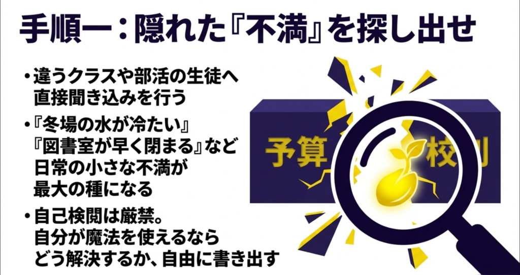 日常の小さな不満が最大の種になることを表す、予算や校則の壁を破る芽をルーペで覗くスライド