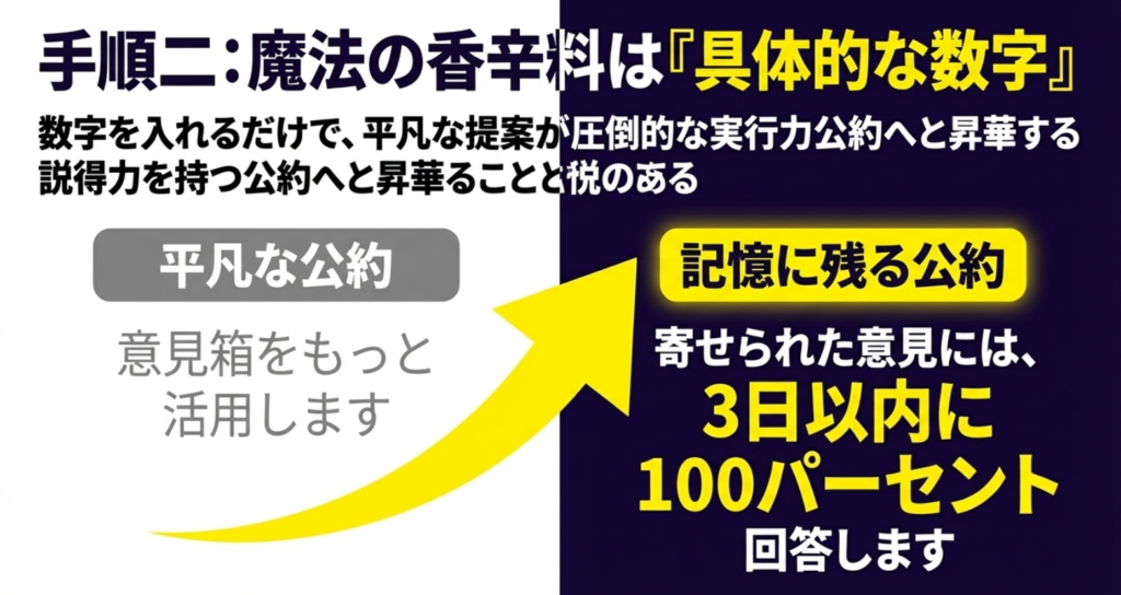 平凡な提案が具体的な数字を入れることで圧倒的な実行力と説得力を持つ公約へ昇華することを示すスライド