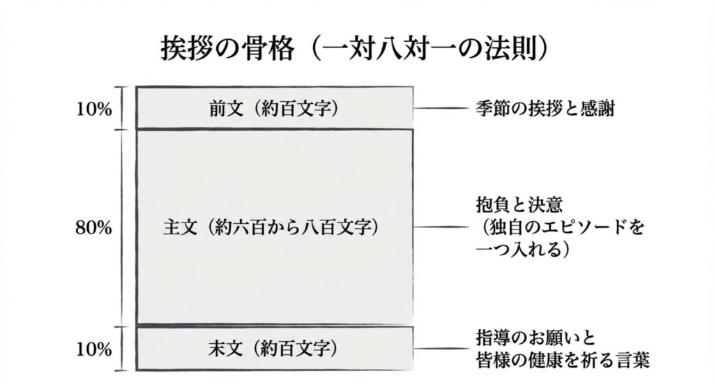 前文10%、主文80%、末文10%で構成される新入生代表挨拶の基本構造図 