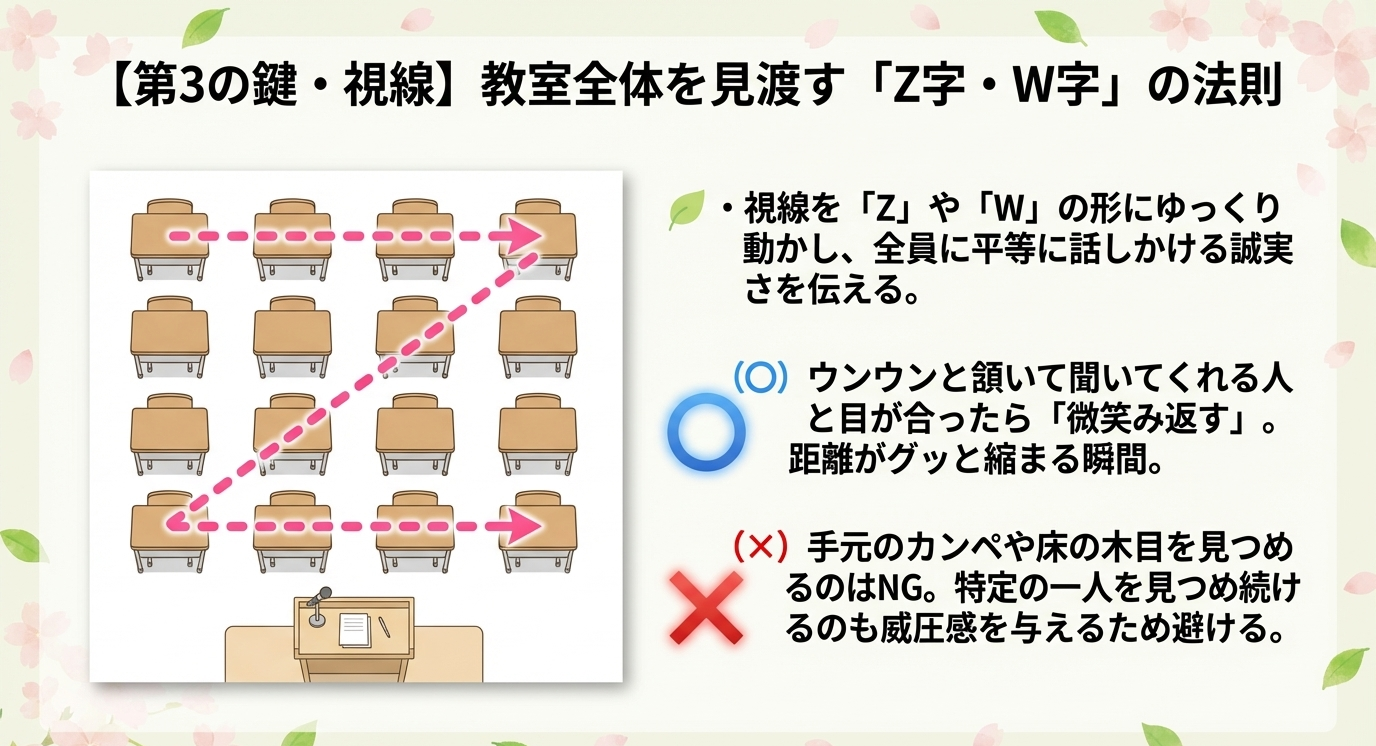 教室の左・中・右へと視線を「Z」や「W」の形に動かし、全員に平等に話しかける方法を示す図解。頷いてくれる人に微笑み返すテクニックも記載。