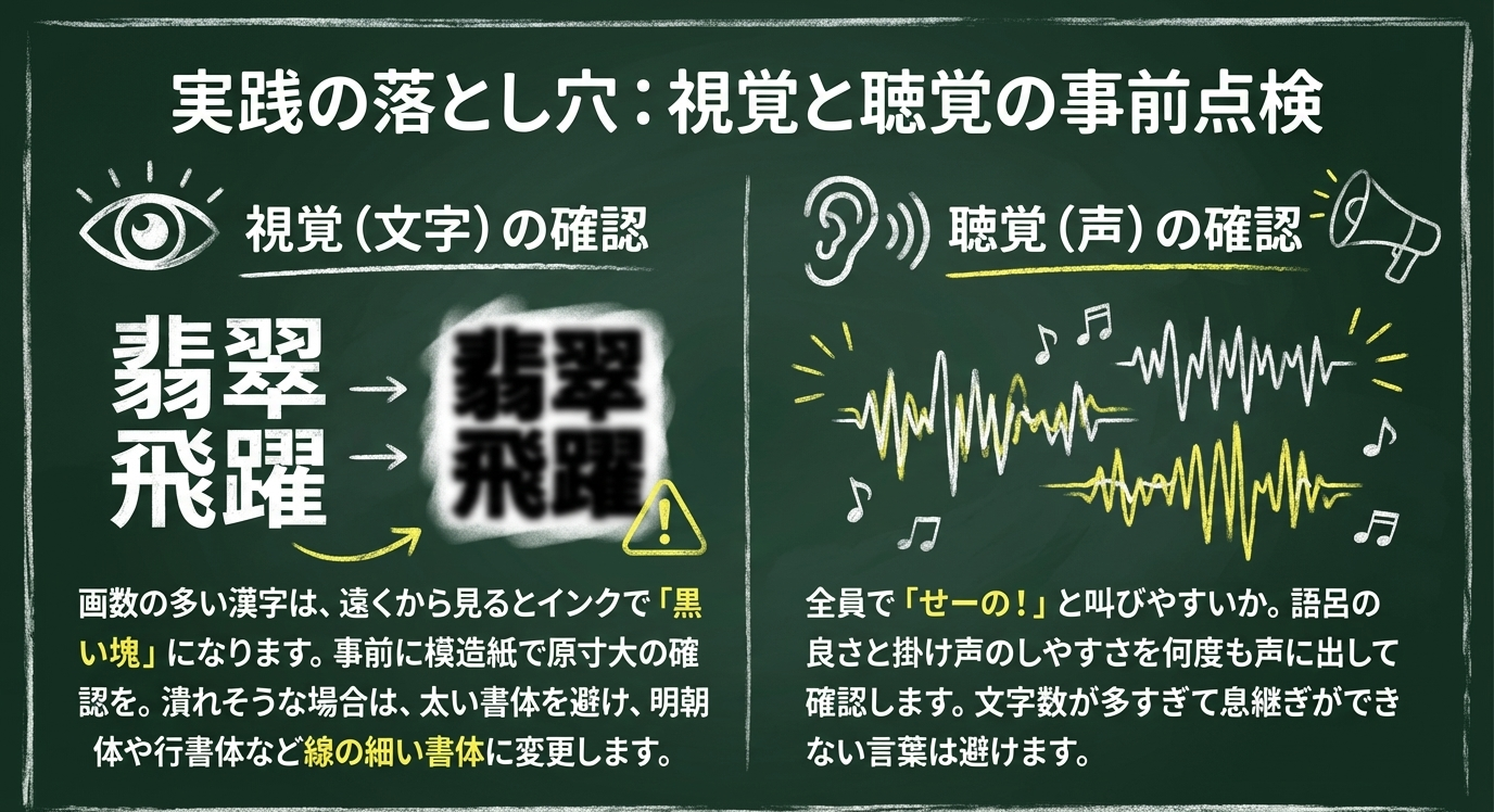 画数の多い漢字が遠くから「黒い塊」に見えるリスクと、応援で叫びやすいリズムを確認するための点検項目