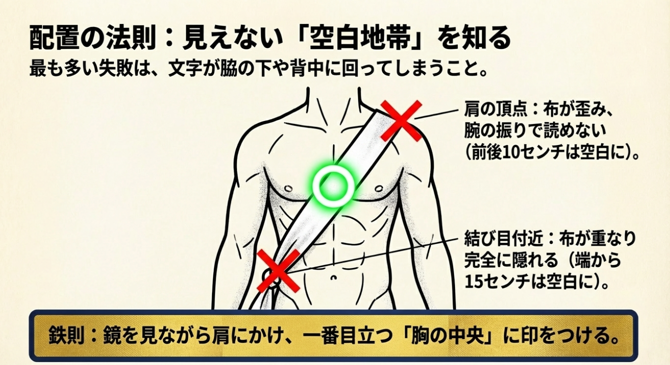 タスキ着用時の見えない範囲の図解。肩の頂点前後10cm、結び目付近15cmを空白にする鉄則。