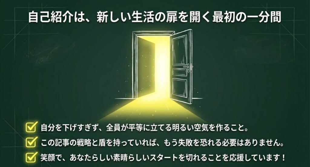 自己紹介は新しい生活の扉を開く最初の一分間であることを表す、光が差し込む開かれた扉のイラスト