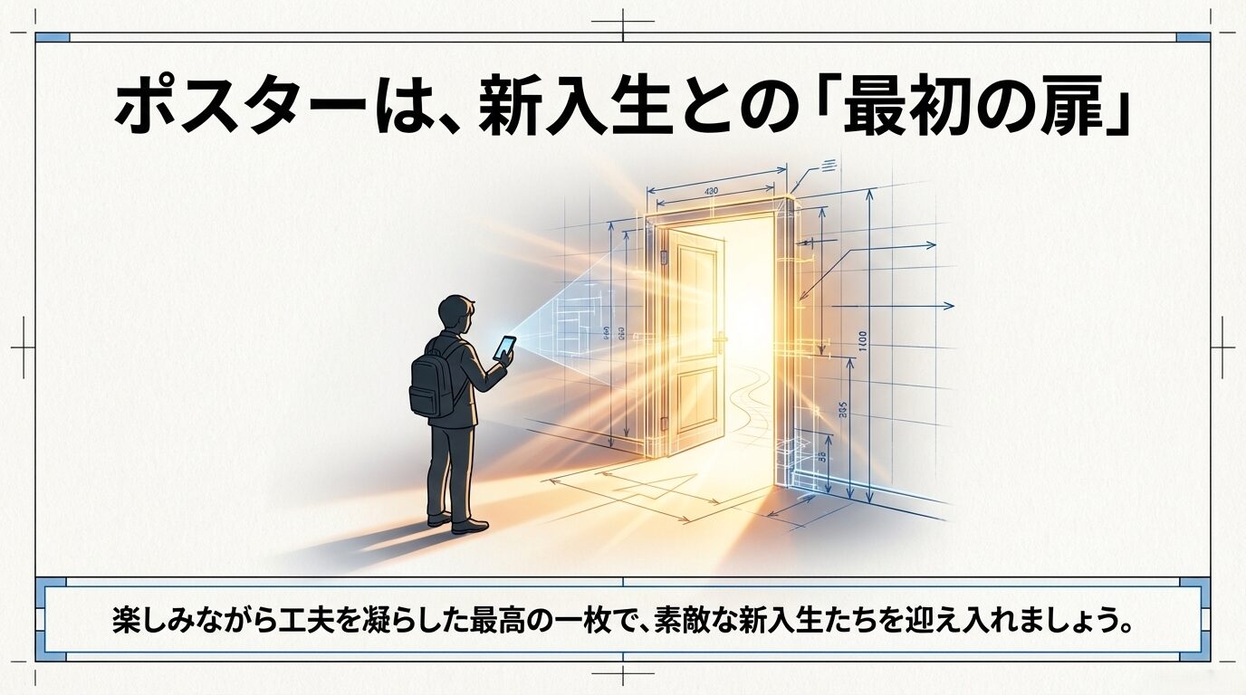学生がスマホを手に、光り輝く教室の扉を開けようとしているイメージイラスト。ポスターが新しい世界への入り口であることを象徴している。