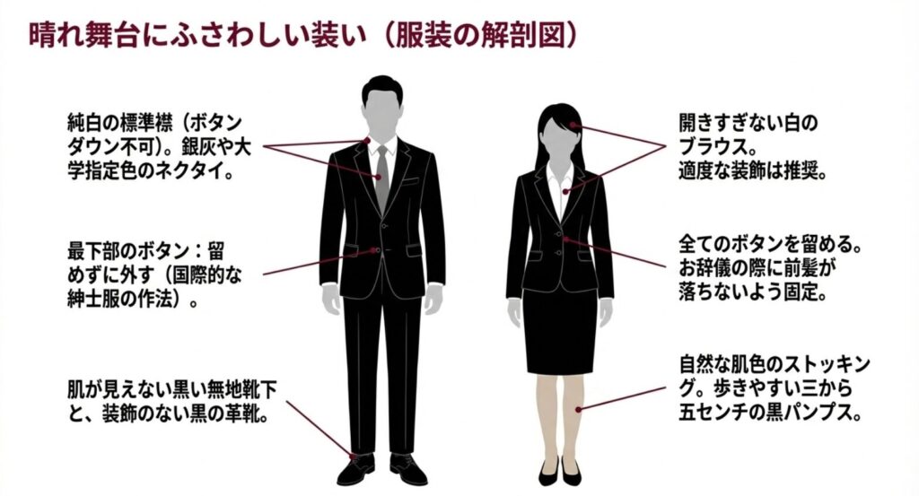 入学式で登壇する男女のスーツの選び方、一番下のボタンを外すアンボタンマナー、靴下や髪型などの服装ルールを図解した解剖図