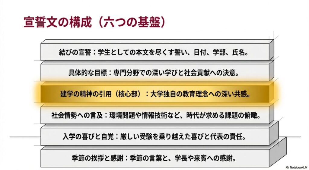 季節の挨拶、入学の喜び、社会情勢への言及、建学の精神の引用、具体的な目標、結びの宣誓という、宣誓文を構成する6つの要素