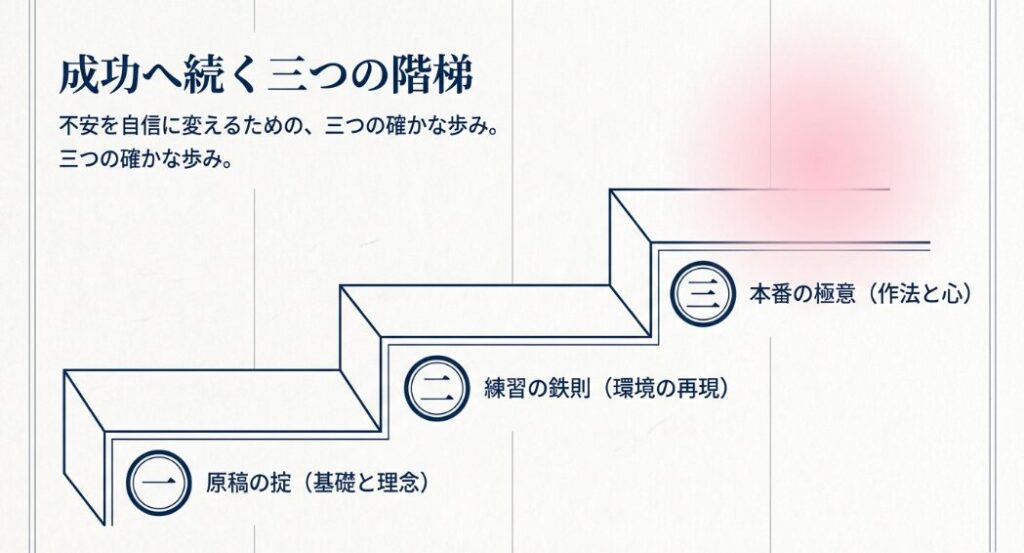 成功へ続く三つの階梯（原稿の掟、練習の鉄則、本番の極意）