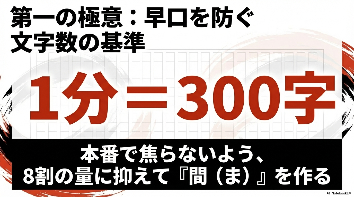 1分=300字を基準とし、本番で焦らないよう8割の量に抑えて「間(ま)」を作ることの重要性を説明するスライド。