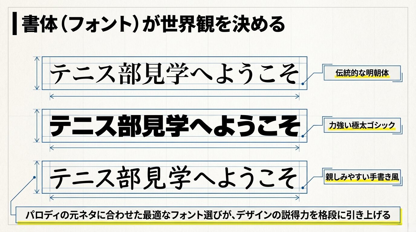 同じ「テニス部見学へようこそ」という言葉でも、伝統的な明朝体、力強い極太ゴシック、親しみやすい手書き風で印象がガラリと変わることを示す比較図。