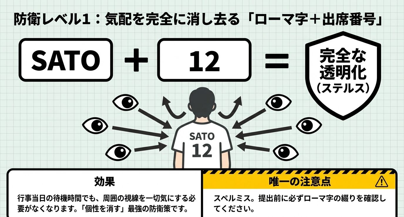 「SATO + 12 = 完全な透明化（ステルス）」と書かれた図解。周囲の視線を気にせず個性を消す効果と、スペルミスへの注意を促す内容。