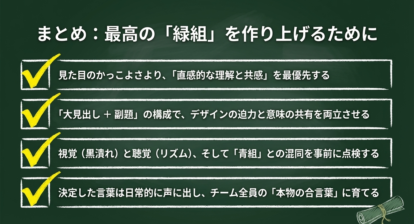 直感的な理解、大見出し+副題の構成、黒潰れ・青組混同の点検、日常的な声出しの4項目をまとめた最終確認リスト