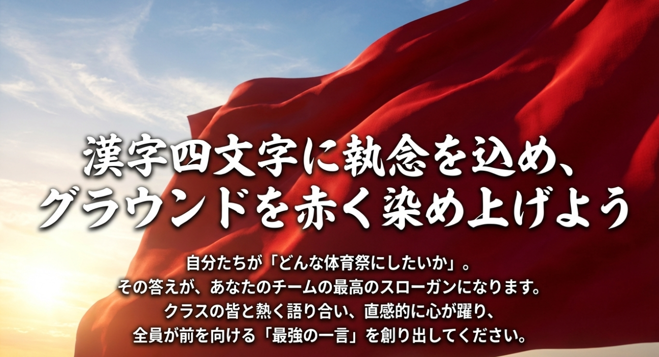 「漢字四文字に執念を込め、グラウンドを赤く染め上げよう」というメッセージと、全員が前を向ける言葉を創ることを促す結びのスライド。