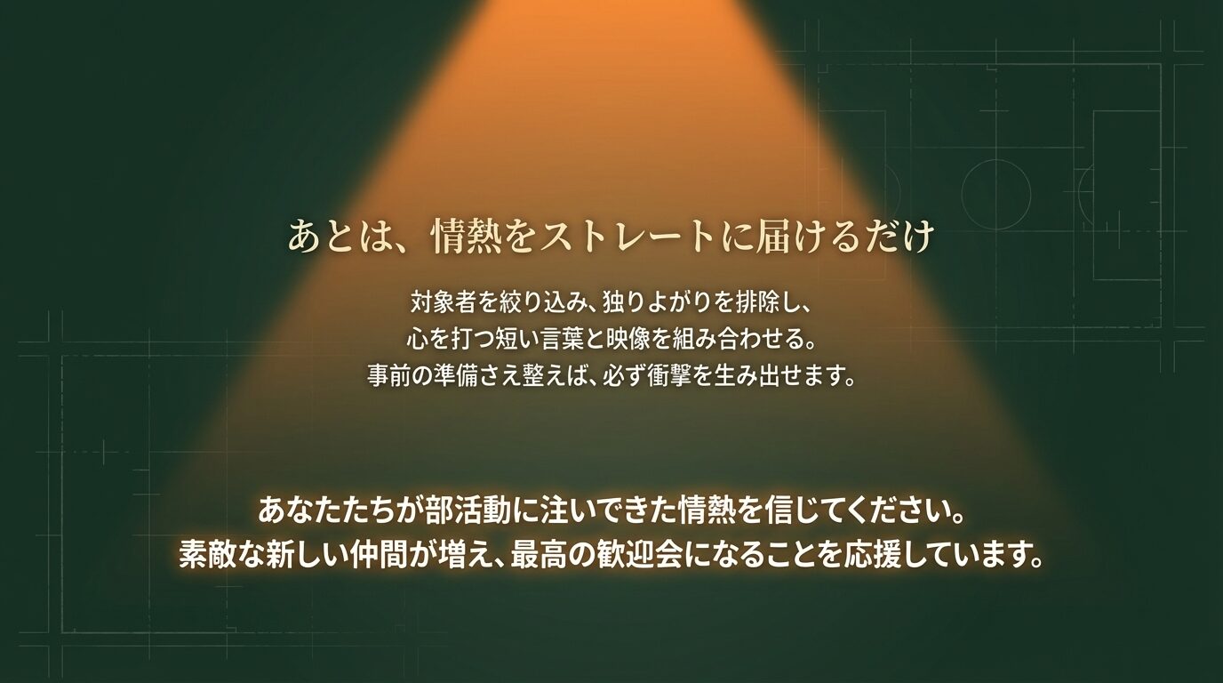 ターゲット絞り込み、独りよがりの排除、情熱の伝達など、これまでのポイントを総括し、新入生歓迎会への応援を込めたメッセージスライド。