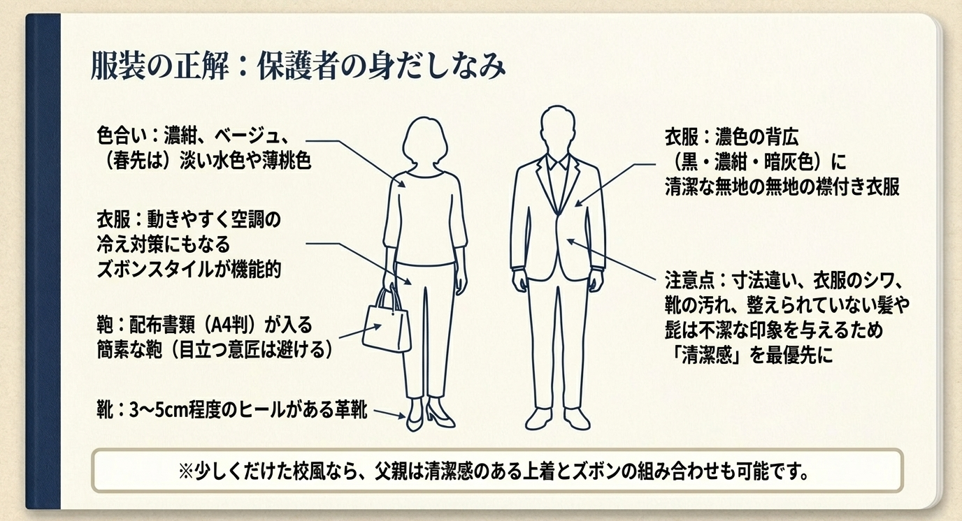 男女別の服装ガイド。女性は濃紺やベージュのパンツスタイル、男性は濃色のスーツを基本とし、清潔感を最優先にすることを推奨する図解