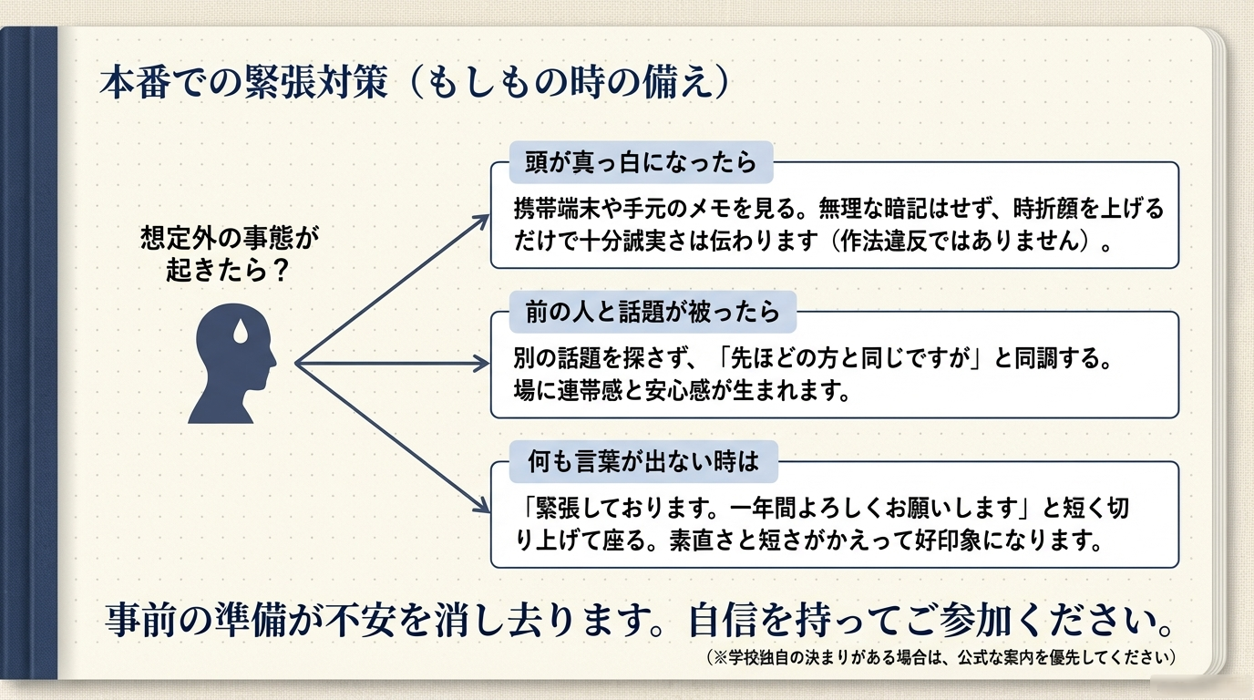頭が真っ白になったらメモを見る、話題が被ったら同調する、言葉が出ない時は短く切り上げるなど、想定外の事態への対処法をまとめたリスト
