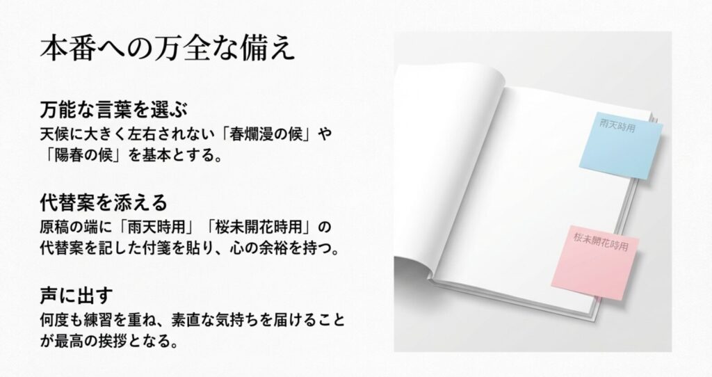 万能な言葉を選ぶことや、雨天時用・未開花時用の代替案を付箋で用意すること、何度も声に出して練習することなど、本番に向けた万全な備えのポイント