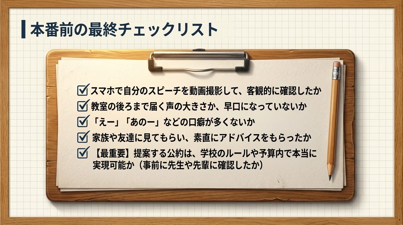 動画撮影での確認、口癖のチェック、公約の実現可能性など、本番前に見直すべき5つのポイントをまとめたチェックリスト形式のスライド画像。