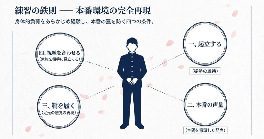身体的負荷を経験する本番環境の完全再現（起立、声量、靴を履く、視線を合わせる）