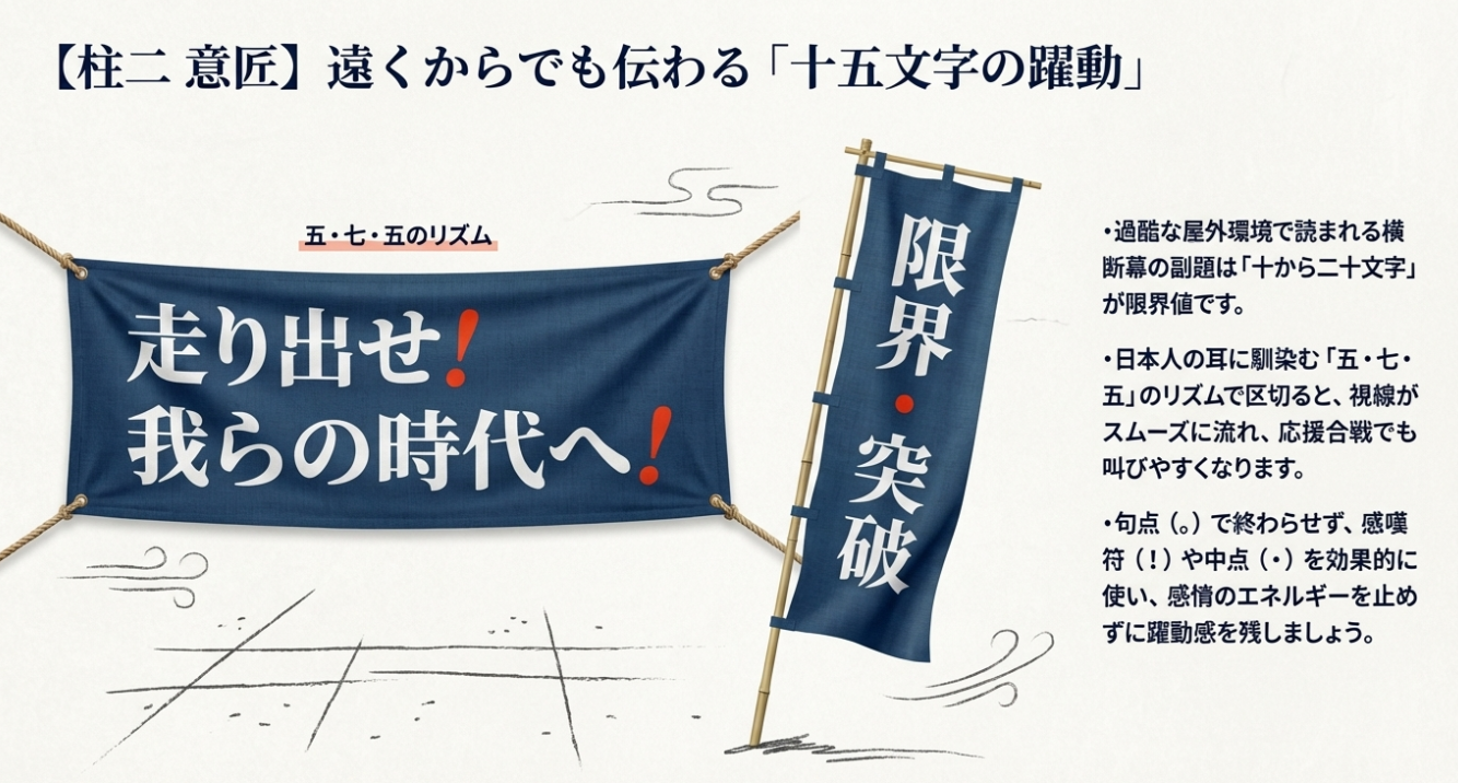 10〜20文字の制限、五・七・五のリズム、感嘆符を用いた躍動感のある横断幕デザインのポイント。