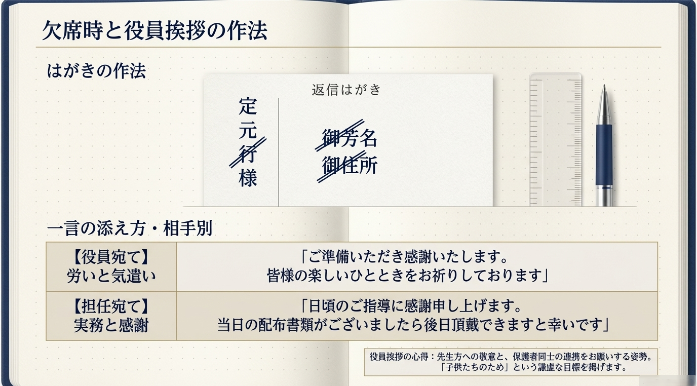 返信はがきのマナー(御芳名・御住所の消し方)と、役員宛て・担任宛てのメッセージ例文、および役員挨拶の心得がまとめられたスライド