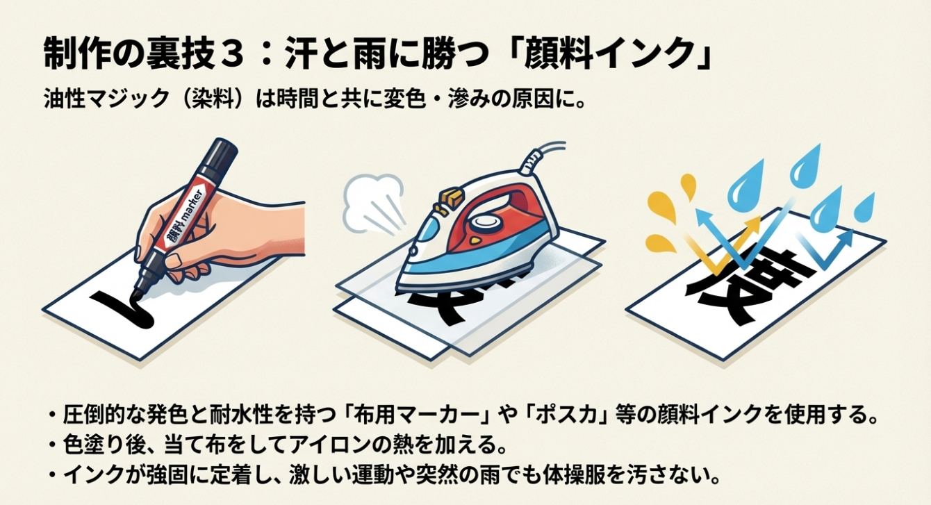 顔料マーカー（ポスカ等）の使用と、当て布をしてアイロンで熱を加えることでインクを定着させる手順。