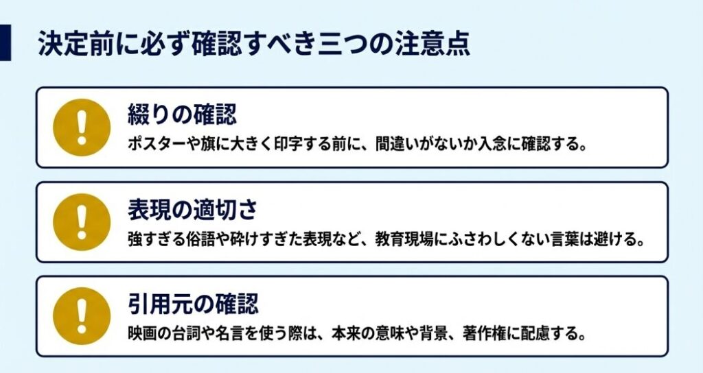 決定前に必ず確認すべき三つの注意点（綴りの確認・表現の適切さ・引用元の確認）