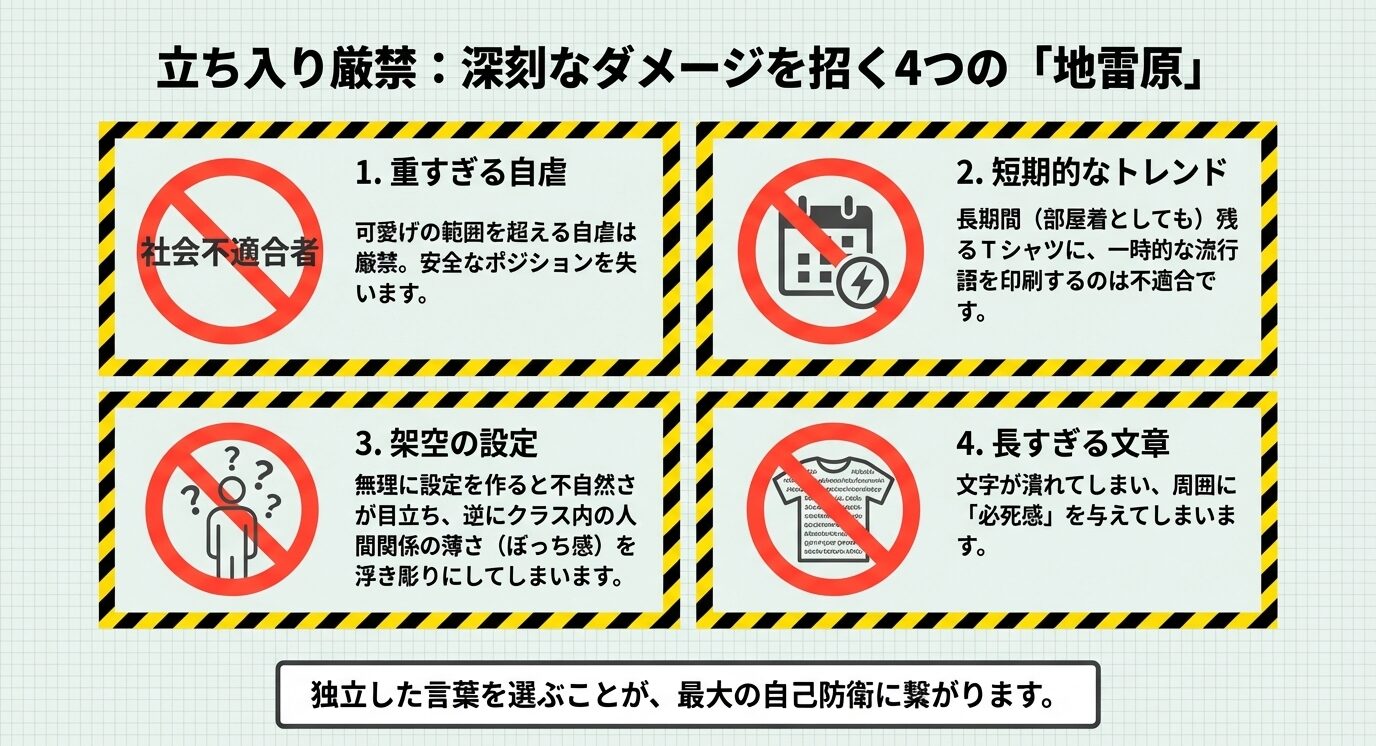 1.重すぎる自虐、2.短期的なトレンド、3.架空の設定、4.長すぎる文章という、立ち入り厳禁な4つの失敗パターンを挙げたリスト。