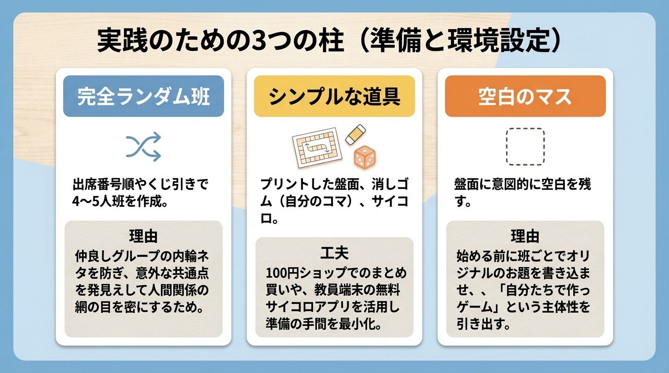 完全ランダム班の作成、シンプルな道具、主体性を引き出すための「空白のマス」の活用についての解説。