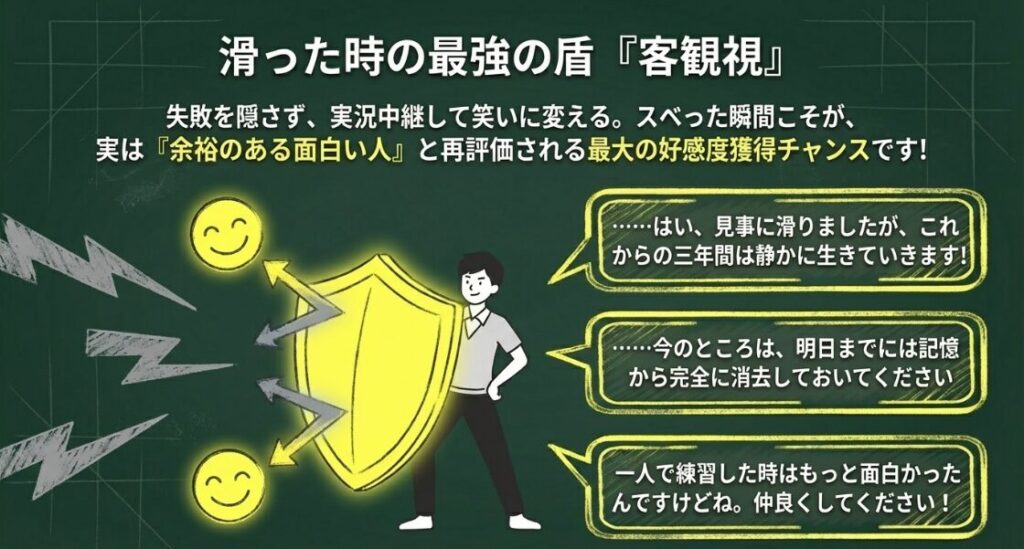 自己紹介で滑った時に失敗を実況中継して笑いに変えるためのリカバリーフレーズ集