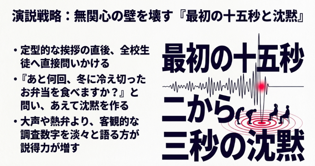 選挙演説で無関心の壁を壊すため、最初の15秒での問いかけと2〜3秒の沈黙を活用する戦略スライド