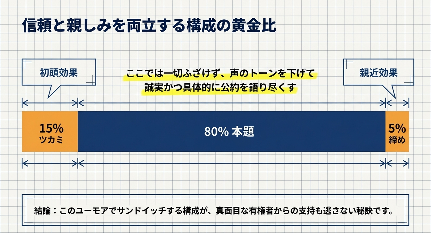 冒頭のツカミ15%（初頭効果）、中盤の本題80%、最後の締め5%（親近効果）という、ユーモアで本題をサンドイッチする構成比率を示した図 。