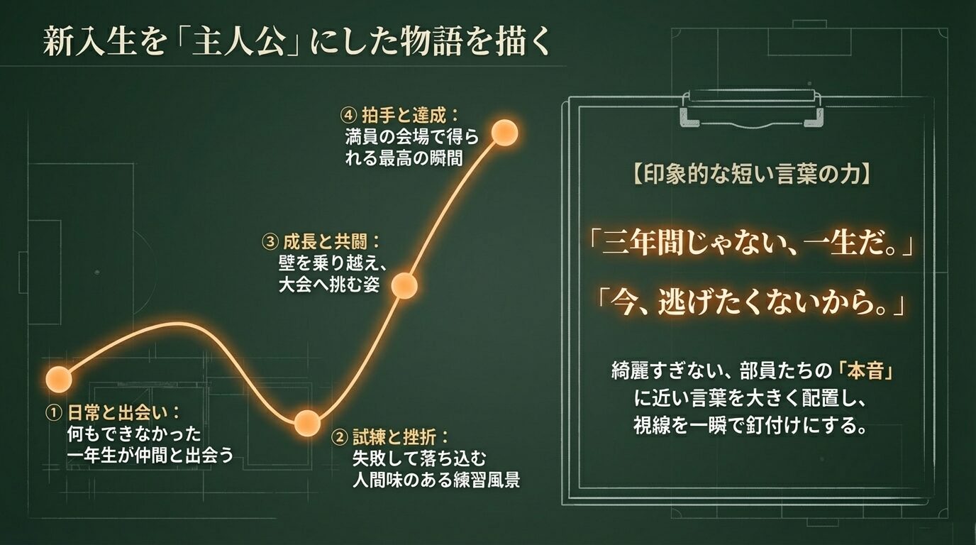 「日常と出会い」「試練と挫折」「成長と共闘」「拍手と達成」の4構成と、印象的な短い言葉の力を解説したスライド。