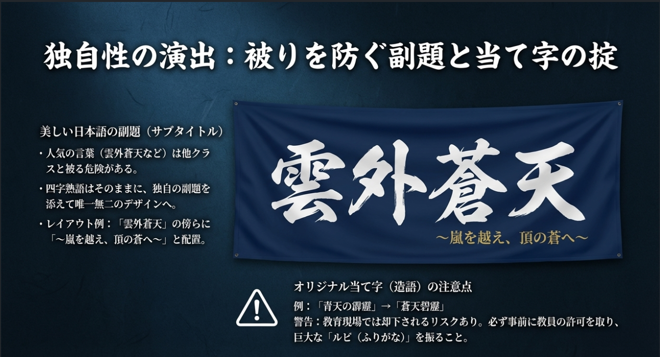 他クラスとの被りを防ぐ副題の付け方例と、オリジナル当て字を使用する際の教育現場での注意点をまとめたスライド。