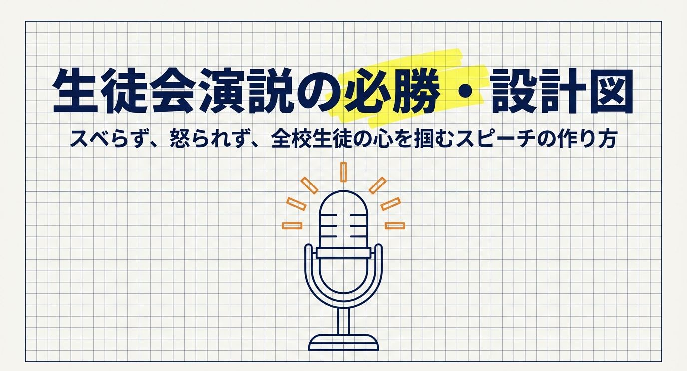 方眼紙を背景に、オレンジ色の光を放つマイクのイラストと「生徒会演説の必勝・設計図」というタイトルの表紙画像 。