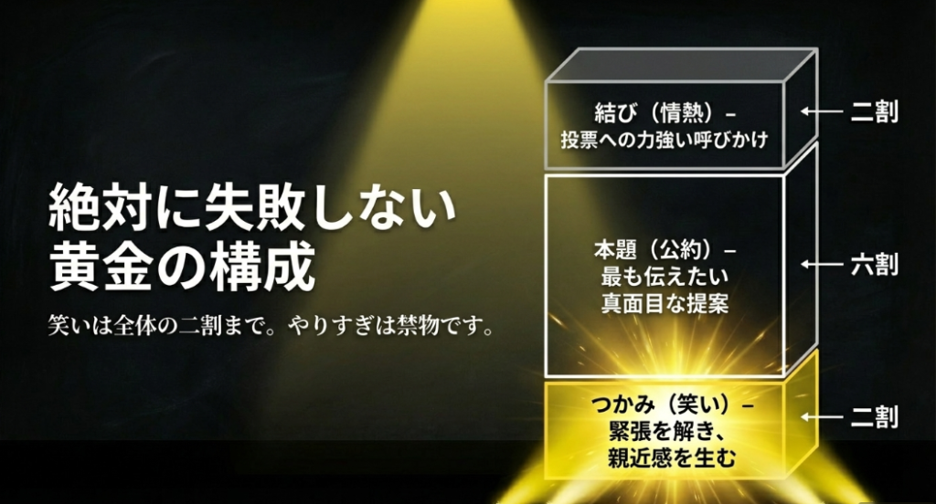 つかみ(笑い)2割、本題(公約)6割、結び(情熱)2割で作る、生徒会演説の絶対に失敗しない黄金構成(V字構成)