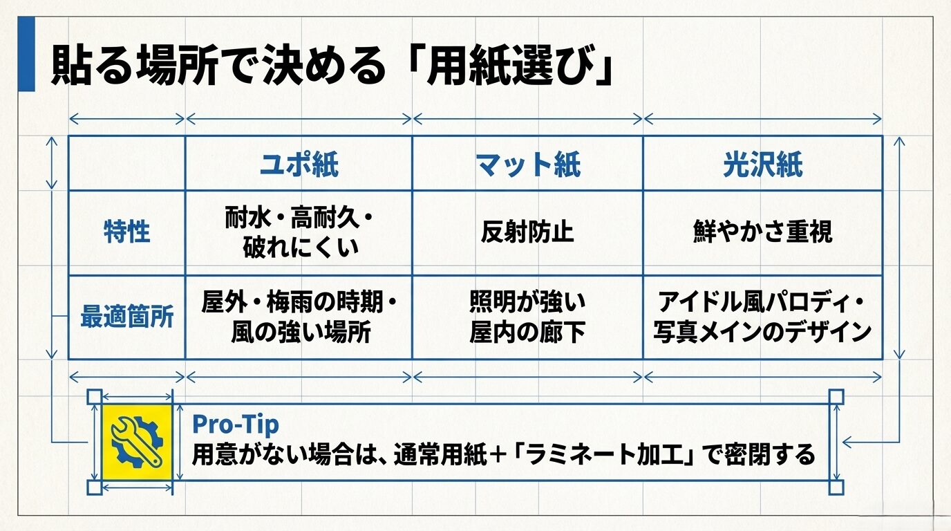 ユポ紙(耐水・高耐久)、マット紙(反射防止)、光沢紙(鮮やかさ重視)の特性と、屋外や照明の強い屋内など、それぞれの最適箇所をまとめた表。
