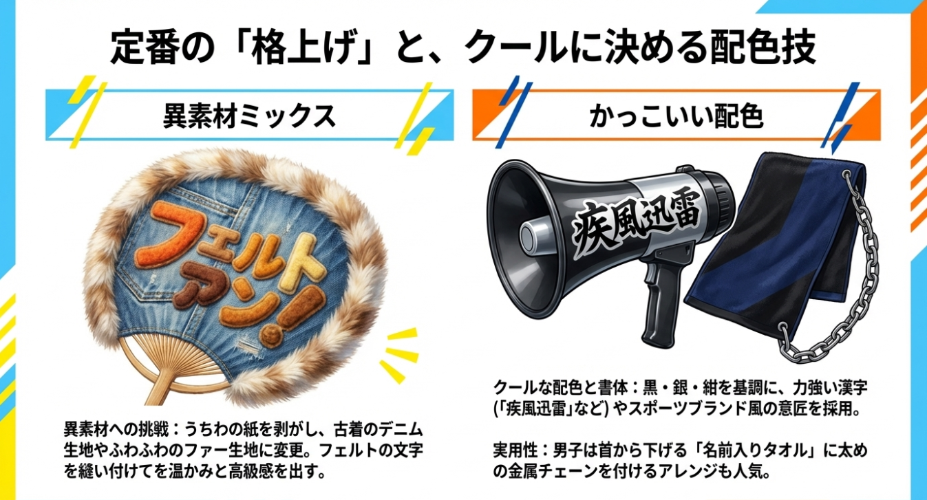 デニム生地のうちわや「疾風迅雷」と書かれたクールなメガホン、金属チェーン付きタオルのデザイン案。