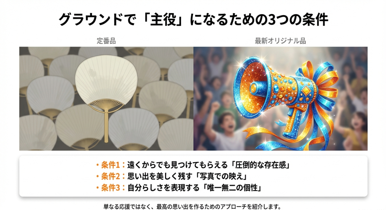 存在感、写真映え、個性の3つの条件を説明するスライド。背景にうちわとデコメガホンのイメージ画像。