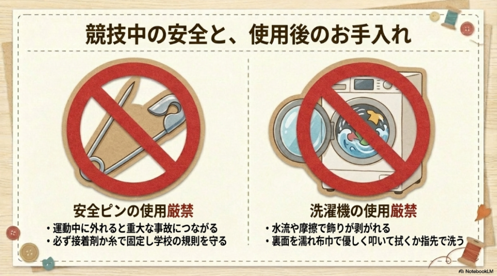 重大事故を防ぐための安全ピン使用厳禁と、飾りが剥がれるのを防ぐ洗濯機使用厳禁の注意喚起