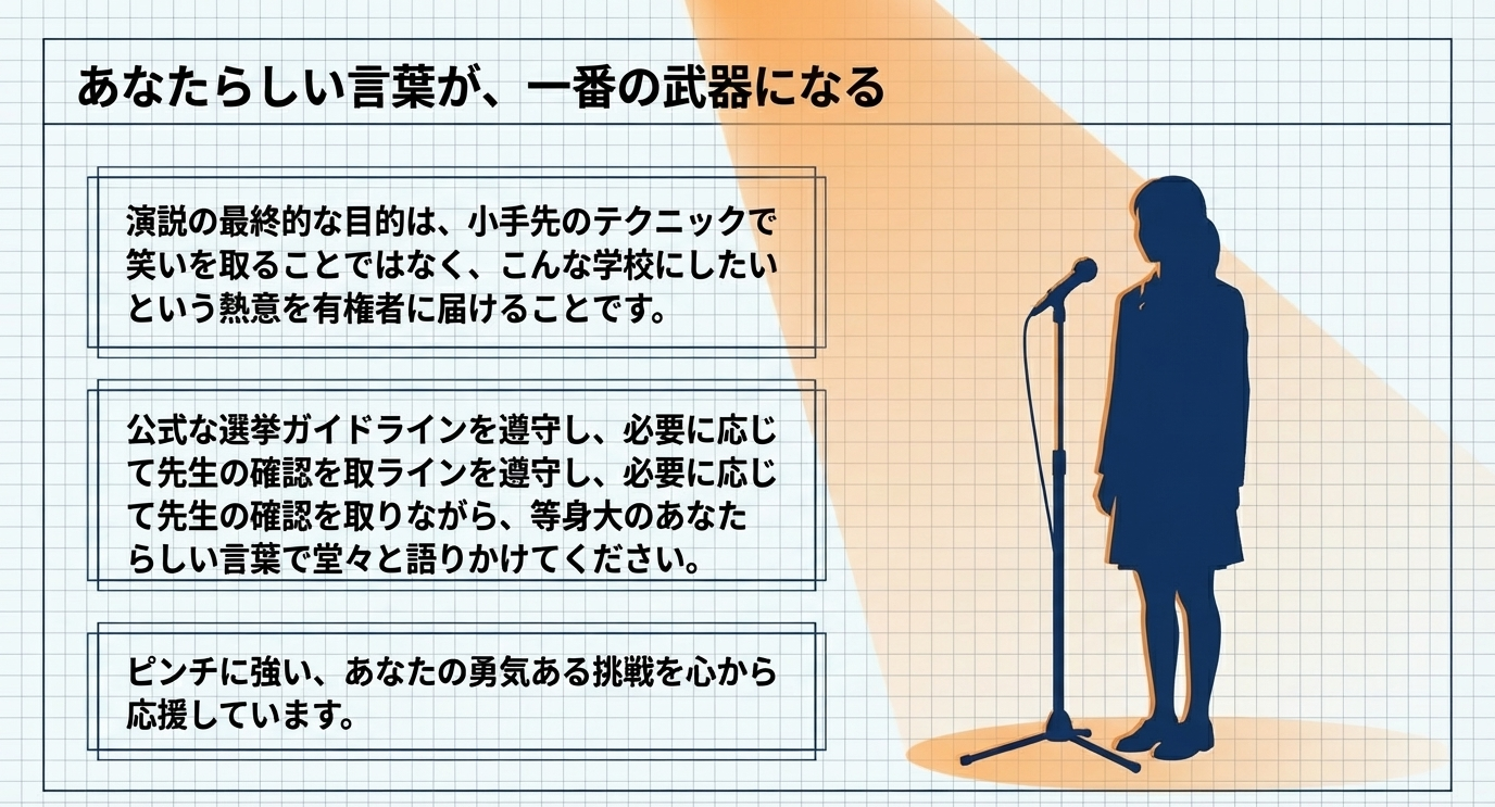 演台に立つ生徒のシルエット画像。演説の目的はテクニックではなく熱意を届けることであり、ガイドラインを遵守しつつ勇気ある挑戦を応援するメッセージ 。