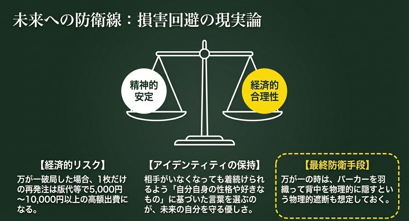 精神的安定と経済的合理性を天秤にかけているイラスト 。破局時の高額な再発注リスクを考慮し、自分自身のアイデンティティに基づいた言葉を選ぶ重要性を説いている 。
