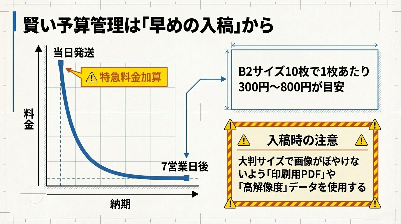 当日発送だと高額になり、7営業日後だと安くなる料金曲線のグラフ。B2サイズ10枚の目安料金や、高解像度データ使用の注意点。