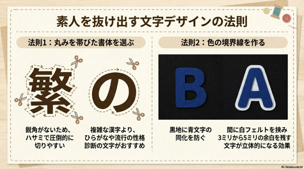 丸みを帯びた書体を選び、色の境界線を作って文字を立体的で読みやすく見せるデザインの法則