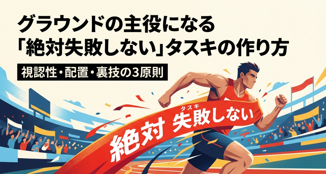 「グラウンドの主役になる」絶対失敗しないタスキの作り方のタイトル。視認性・配置・裏技の3原則を提示。