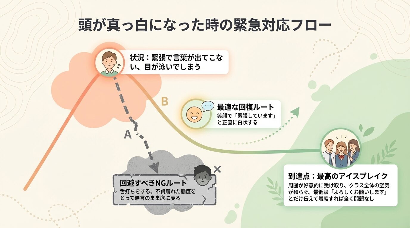 緊張で言葉が出ない時のフロー図。不貞腐れるNGルートと、「緊張しています」と正直に伝える最適ルートの比較。