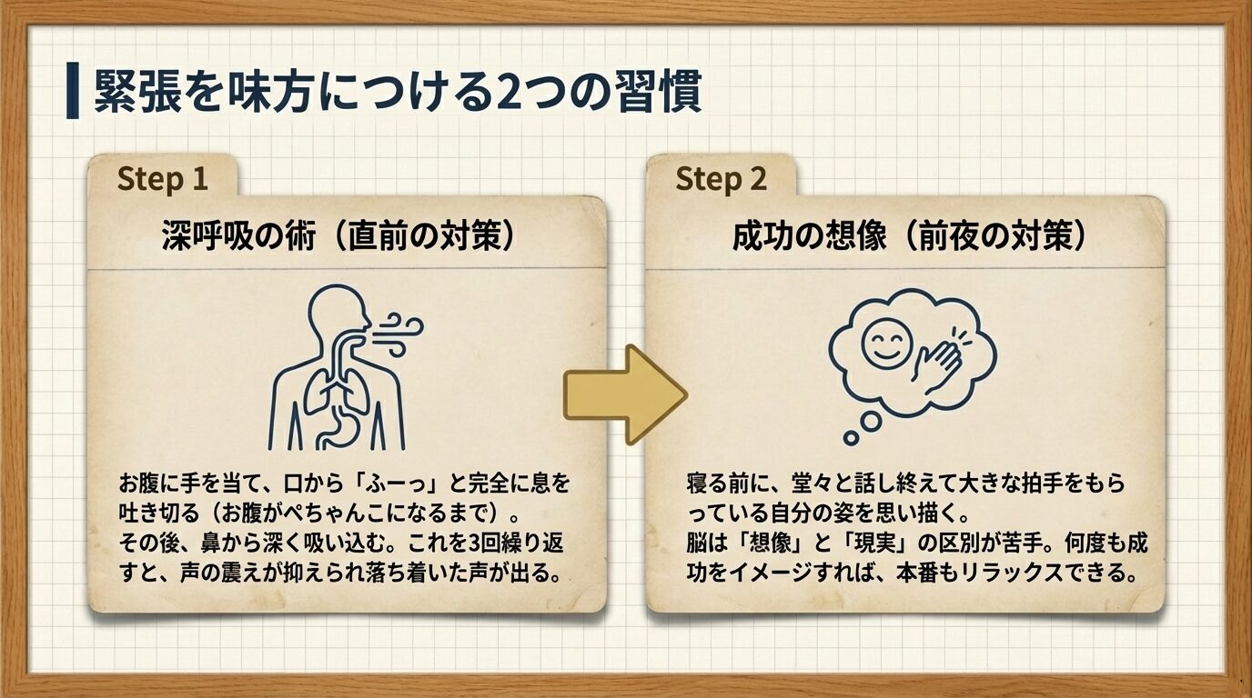 直前の対策としての「深呼吸の術」と、前夜の対策としての「成功の想像」のやり方を解説したスライド画像。