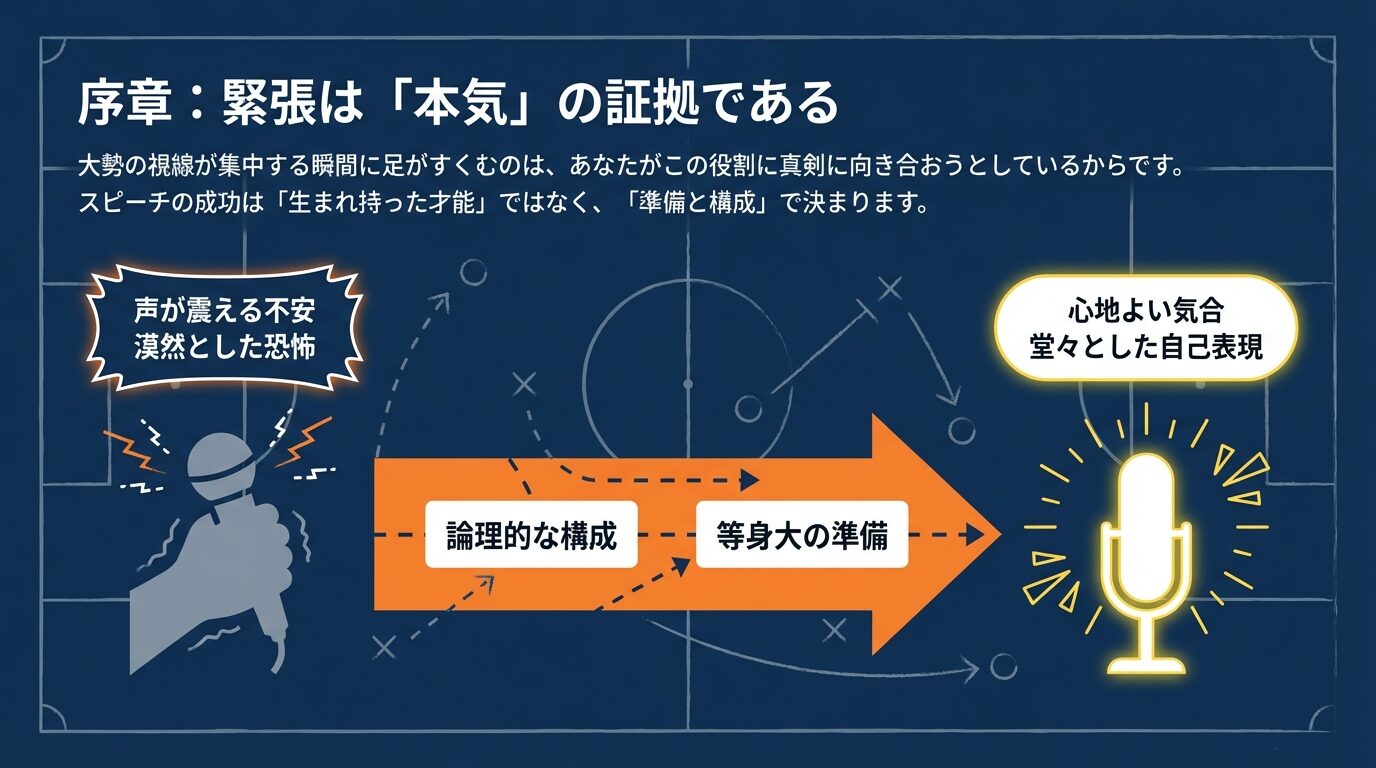 「声が震える不安」や「漠然とした恐怖」という負の状態から、「論理的な構成」と「等身大の準備」を経て、「心地よい気合」と「堂々とした自己表現」へと向かうステップの図解。