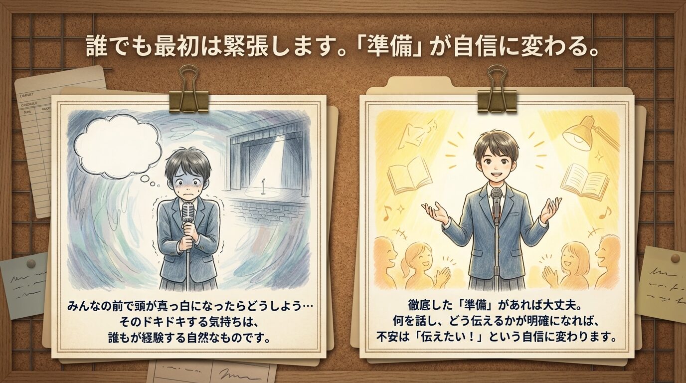 スピーチをする中学生のイラストと共に、「徹底した準備があれば、不安は伝えたいという自信に変わる」というメッセージが書かれたスライド画像。