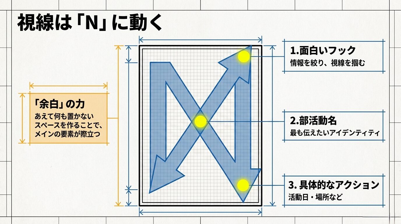 縦書きポスターにおいて視線が「N」の字に動く図解と、あえて何も置かない「余白」を作ることでメイン要素を際立たせる解説図。