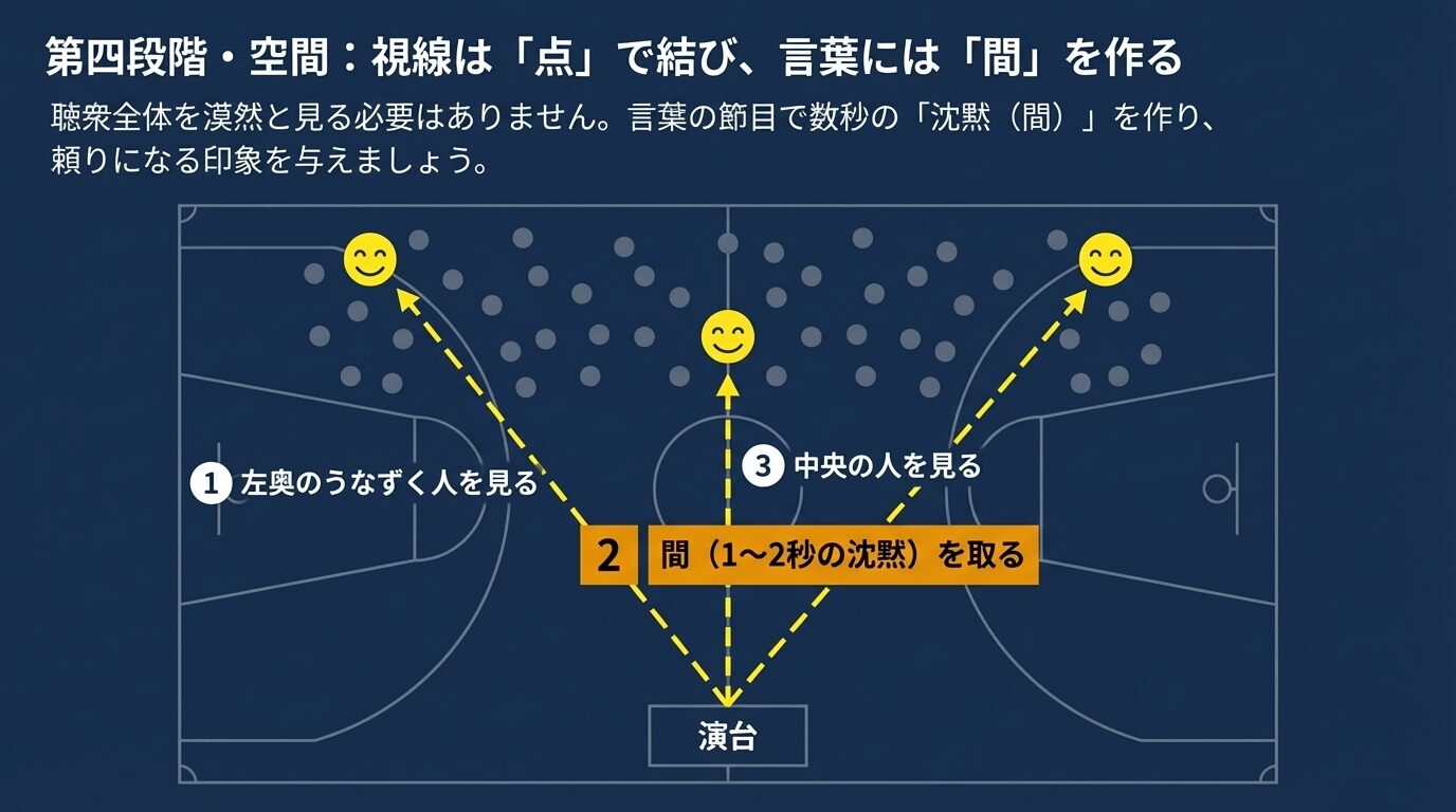 「左奥のうなずく人」や「中央の人」を点で結ぶように見る視線の動きと、言葉の節目で1〜2秒の「沈黙(間)」を取る効果を示した図。